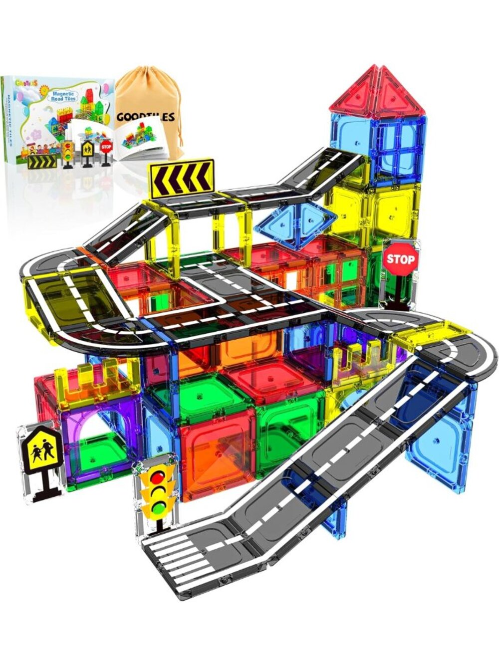 Magnetic Building Tiles Road Set - Montessori Sensory Toy for Kids 3-8 Years